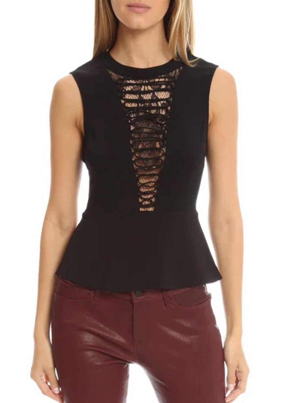A.L.C. MARIN TOP Black Lace-Trim Sleeveless Peplum Top